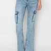 Full Size High Rise Cargo Flare Jeans - Acid Medium