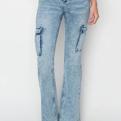 Full Size High Rise Cargo Flare Jeans - Acid Medium