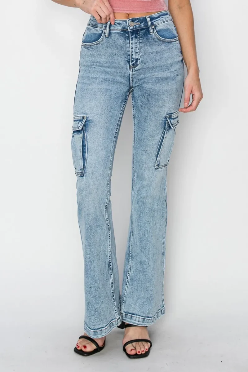 Full Size High Rise Cargo Flare Jeans - Acid Medium