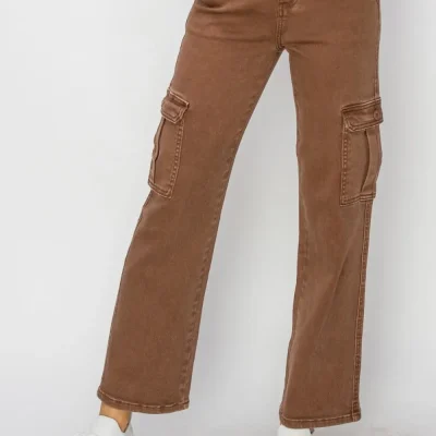 Full Size High Rise Cargo Jeans - Espresso