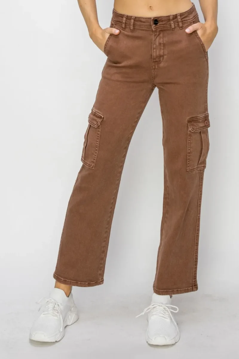 Full Size High Rise Cargo Jeans - Espresso