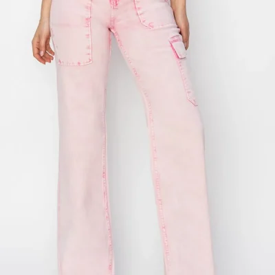 Full Size High Rise Cargo Pocket Jeans - Acid Pink