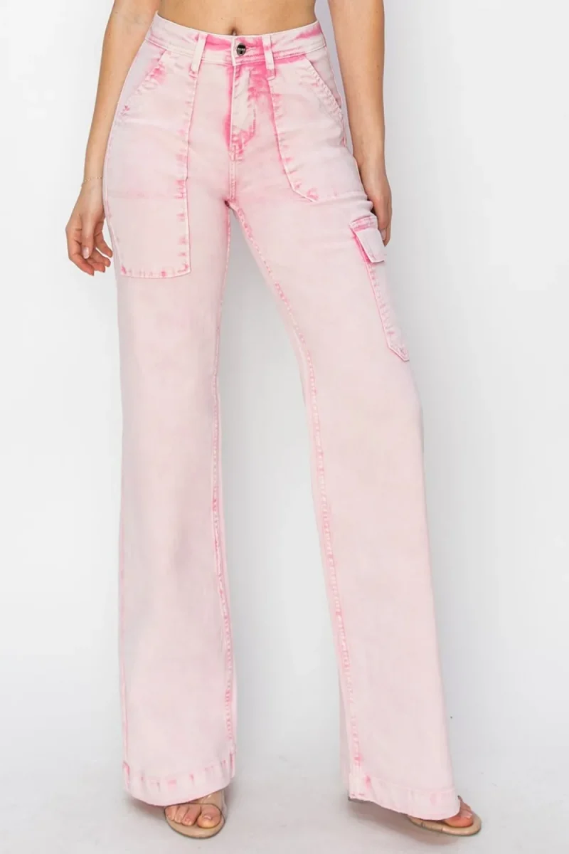Full Size High Rise Cargo Pocket Jeans - Acid Pink