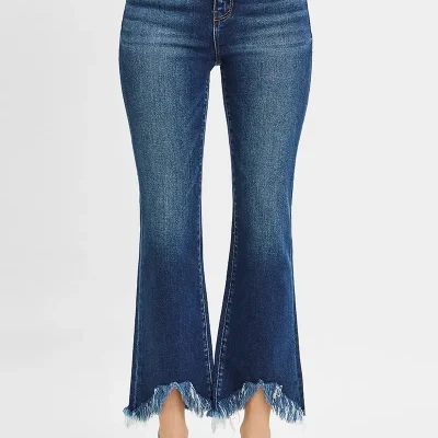 Full Size High Rise Crop Bootcut Fray Hem Jeans Plus Size - Dark