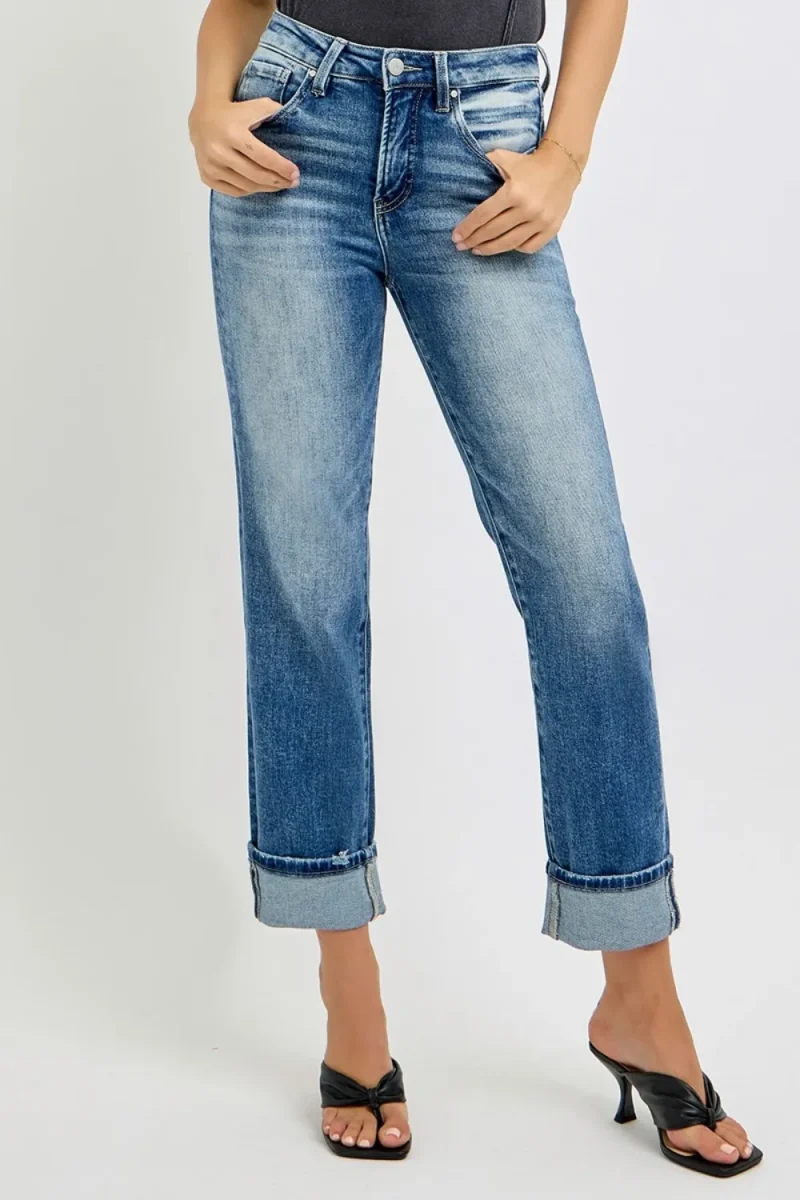 Full Size High Rise Crop Straight Roll Up Jeans - Medium
