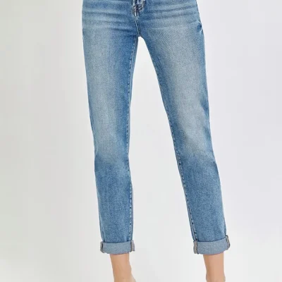 Full Size High Rise Cropped Roll Up Jeans - Medium
