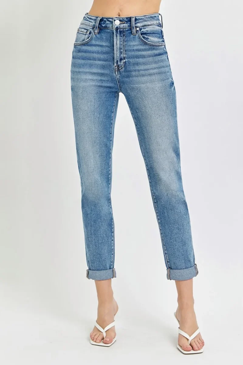 Full Size High Rise Cropped Roll Up Jeans - Medium