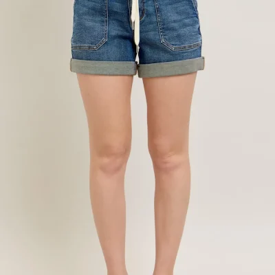 Full Size High Rise Cuff Denim Shorts Plus Size - Dark