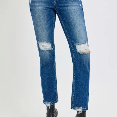 Full Size High Rise Distressed Crop Straight Jeans - Dark