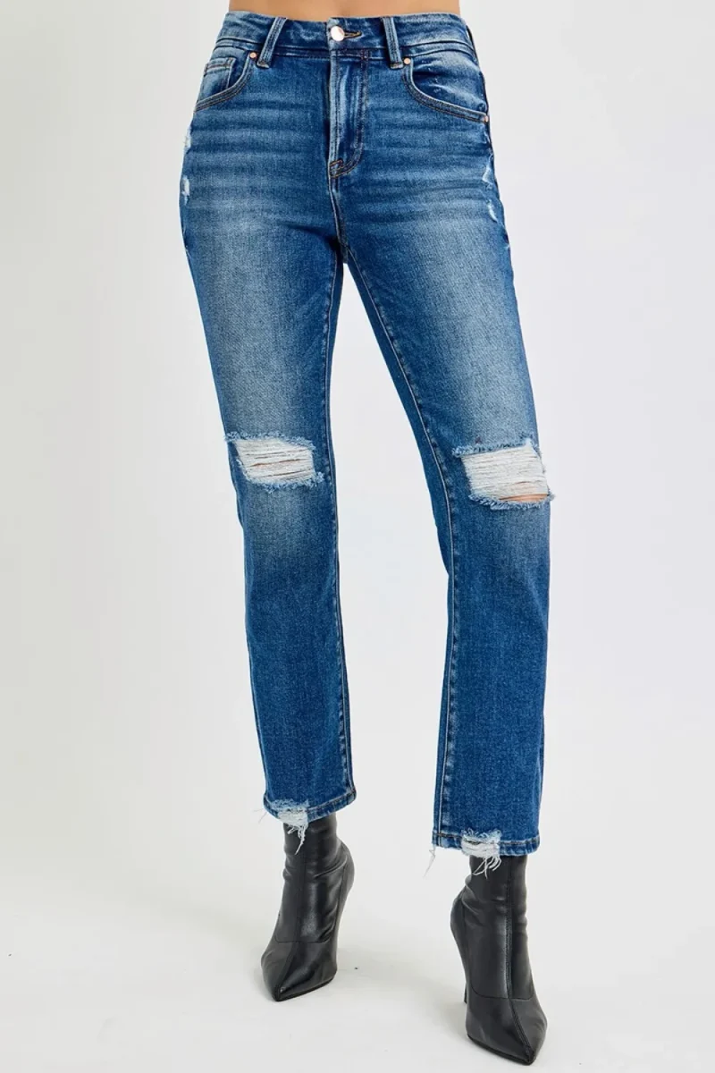 Full Size High Rise Distressed Crop Straight Jeans - Dark