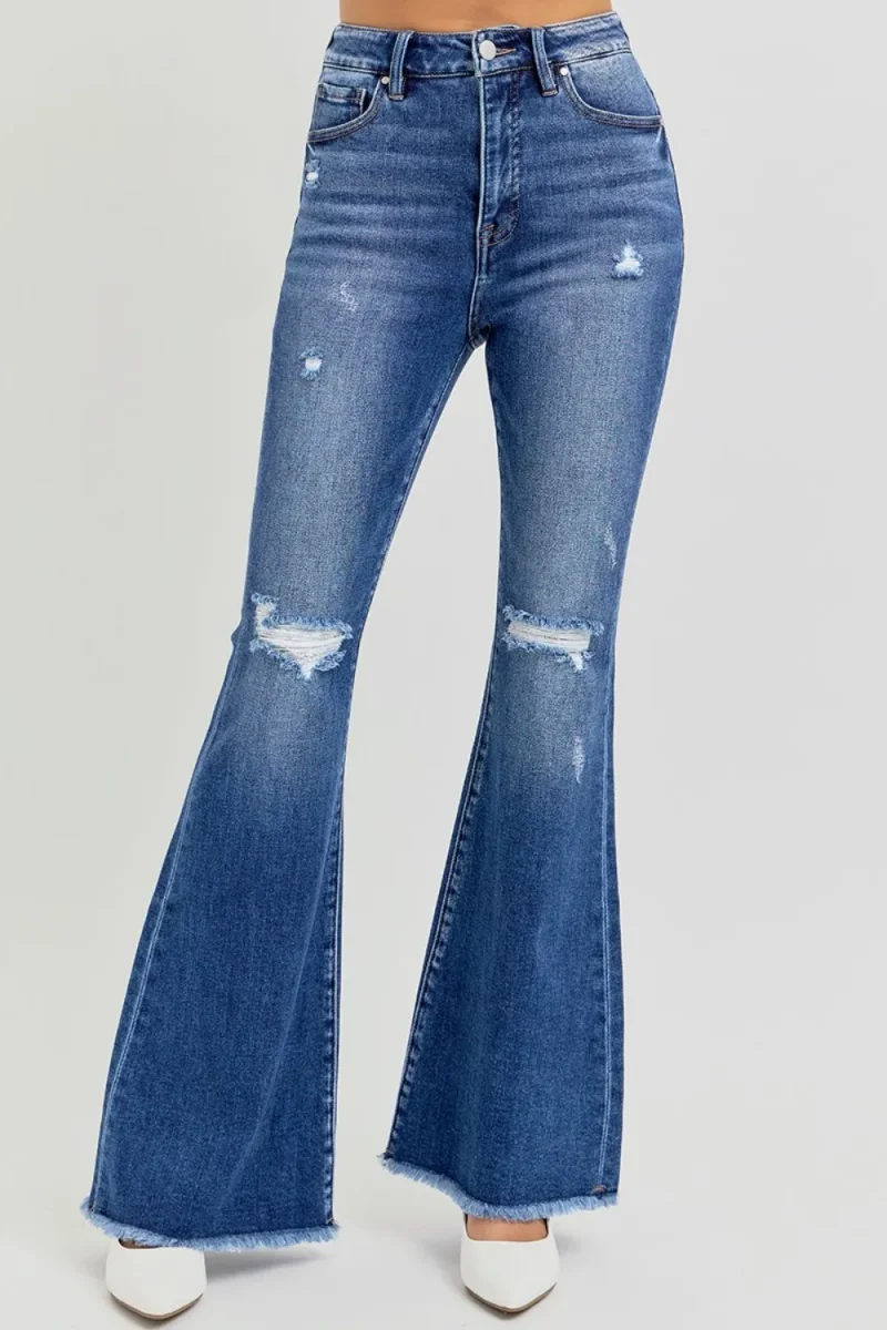 Full Size High Rise Distressed Raw Hem Flare Jeans - Dark