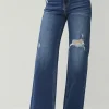 Full Size High Rise Distressed Wide Leg Jeans - Dark
