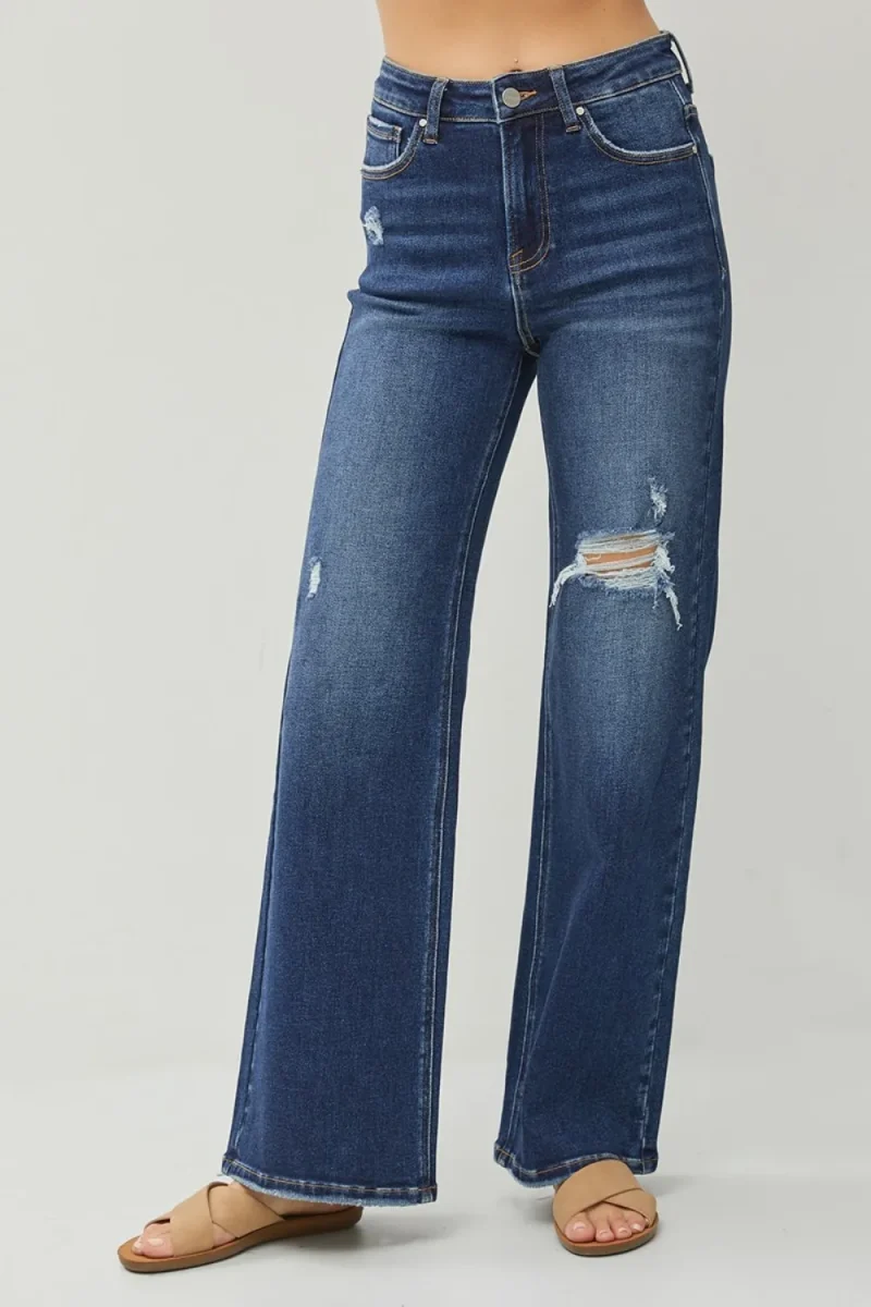 Full Size High Rise Distressed Wide Leg Jeans - Dark