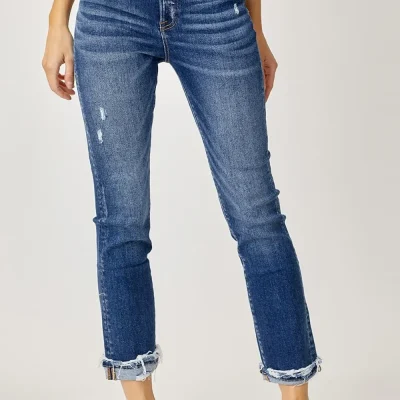 Full Size High-Rise Frayed Cuffed Straight Jeans - Dark