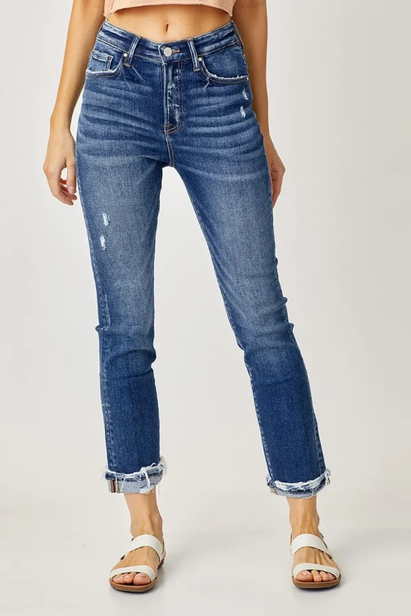 Full Size High-Rise Frayed Cuffed Straight Jeans - Dark