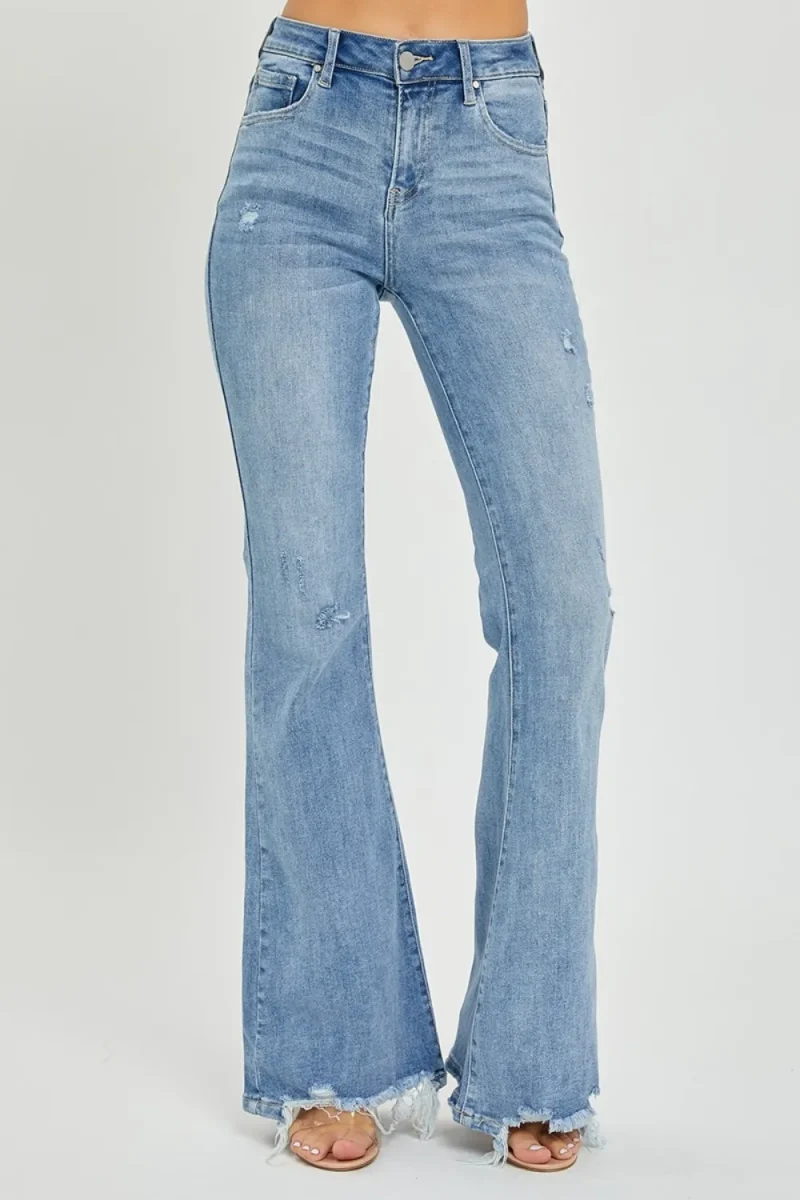 Full Size High Rise Frayed Hem Flare Jeans - Light