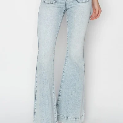Full Size High Rise Front Patch Pocket Flare Jeans - Acid Light