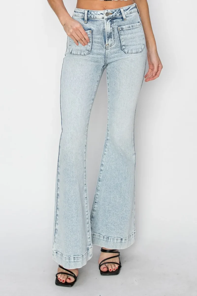 Full Size High Rise Front Patch Pocket Flare Jeans - Acid Light