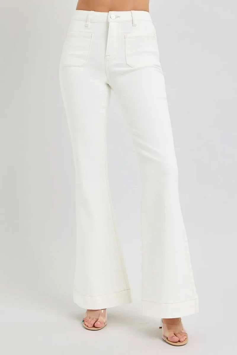 Full Size High Rise Front Patch Pocket Flare Jeans - Cream