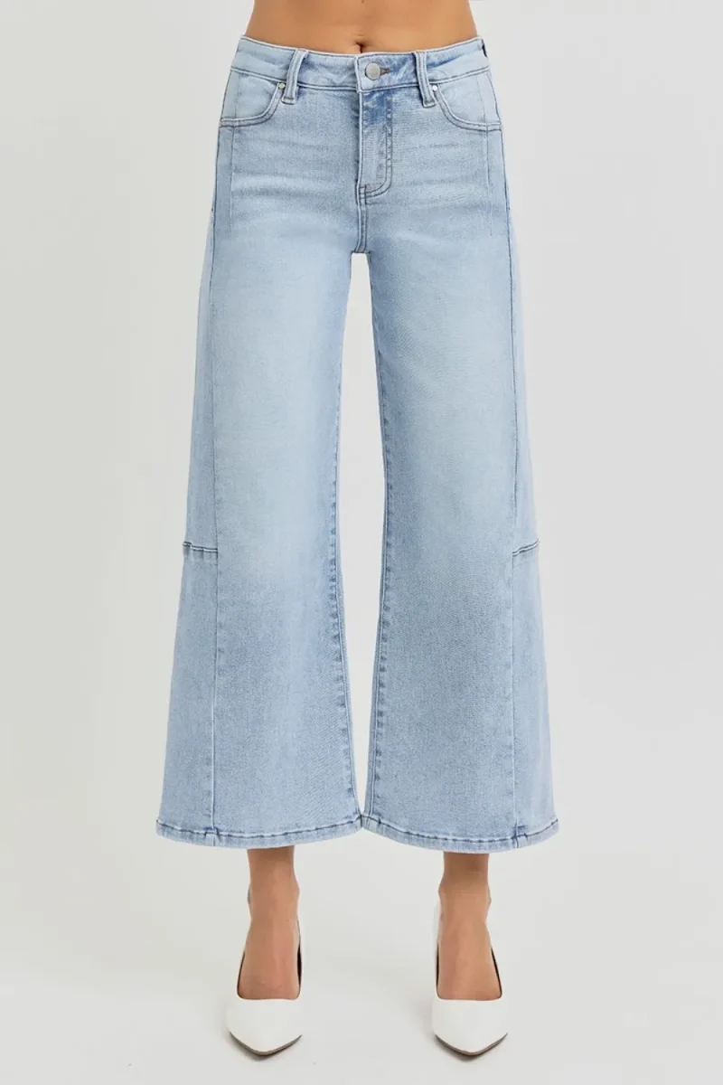 Full Size High Rise Seamed Detail Wide Leg Crop Jeans - Light