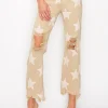 Full Size High Rise Star Printed Frayed Hem Jeans - Khaki