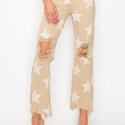 Full Size High Rise Star Printed Frayed Hem Jeans - Khaki