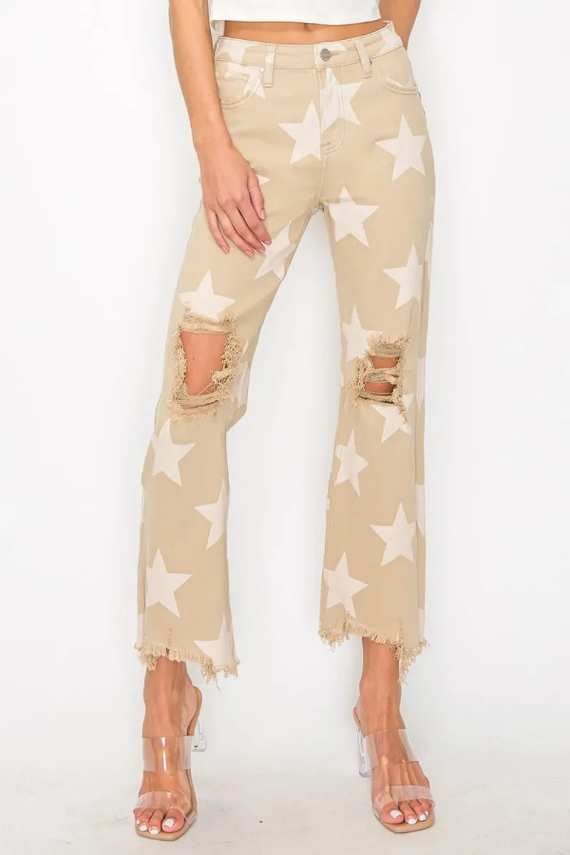 Full Size High Rise Star Printed Frayed Hem Jeans - Khaki