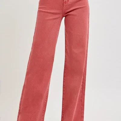 Full Size High Rise Tummy Control Wide Leg Jeans - Brick