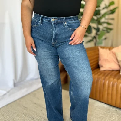 Full Size High Rise Tummy Control Wide Leg Jeans -  Medium