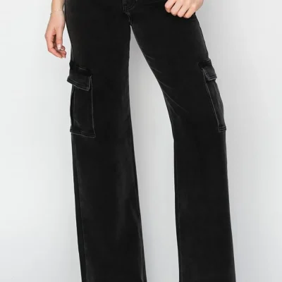 Full Size High Rise Wide Leg Cargo Jeans - Black