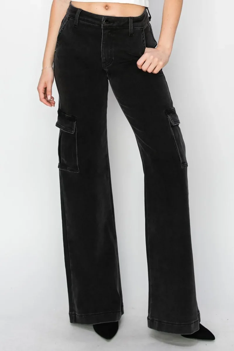 Full Size High Rise Wide Leg Cargo Jeans - Black