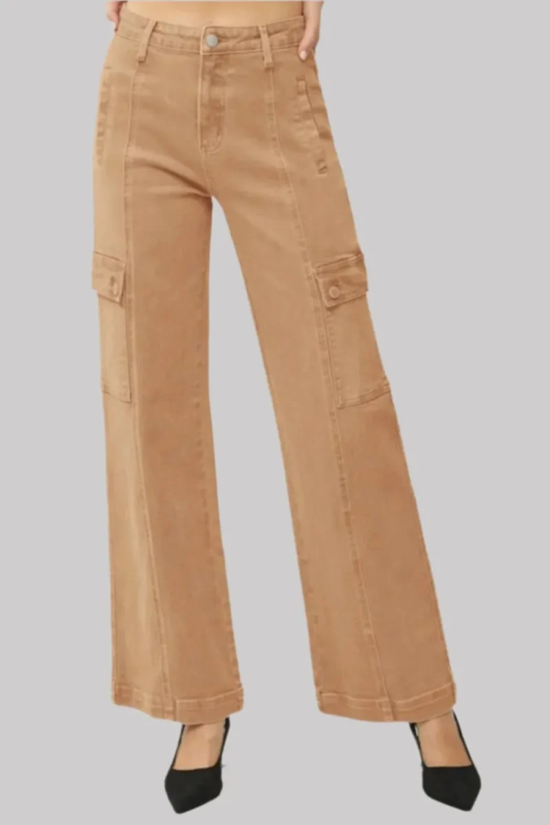 Full Size High Rise Wide Leg Cargo Jeans - Cocoa