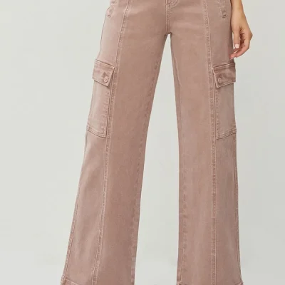 Full Size High Rise Wide Leg Cargo Jeans - Mauve