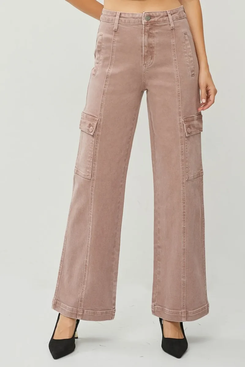Full Size High Rise Wide Leg Cargo Jeans - Mauve
