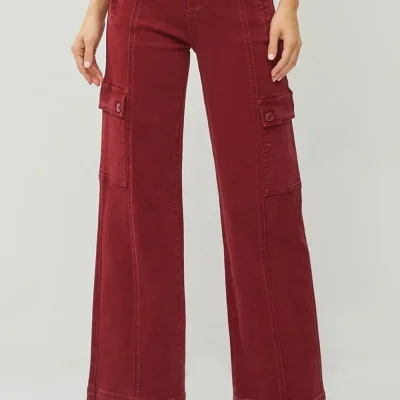 Full Size High Rise Wide Leg Cargo Jeans - Wine