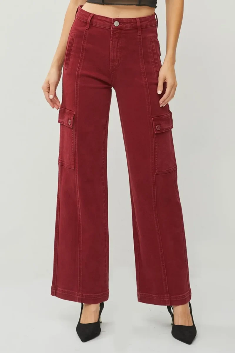 Full Size High Rise Wide Leg Cargo Jeans - Wine