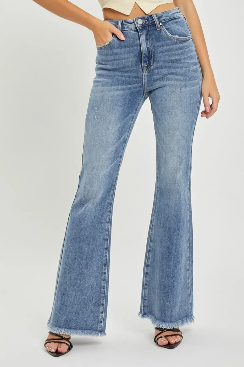 Full Size High Waist Raw Hem Flare Jeans - Medium