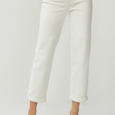 Full Size High Waist Rolled Hem Straight Jeans - Cream