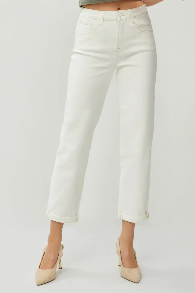 Full Size High Waist Rolled Hem Straight Jeans - Cream