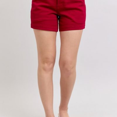 Full Size High Waist Tummy Control Garment Dyed Heart Shaped Denim Shorts Plus Size - Scarlet