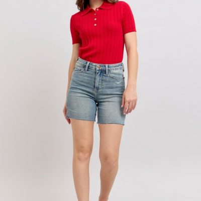 Full Size High Waist Vintage Wash Side Slit Denim Shorts Plus Size