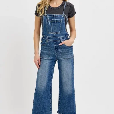 Full Size Knotted Strap Denim Overalls With Pockets Plus Size - Dark