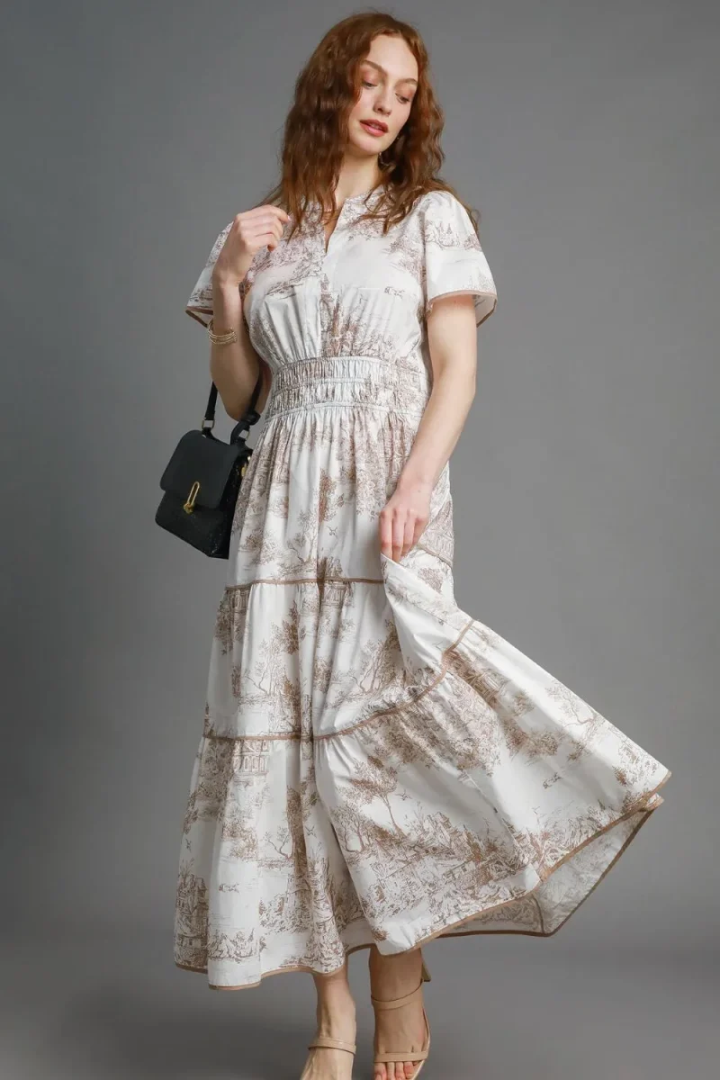 Full Size Landscape Print Short Sleeve Tiered Maxi Dress Plus Size - Camel