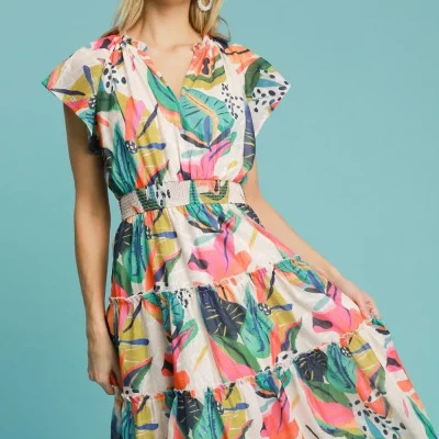 Full Size Leaf Print Cap Sleeve Tiered Midi Dress Plus Size - Orange Mix