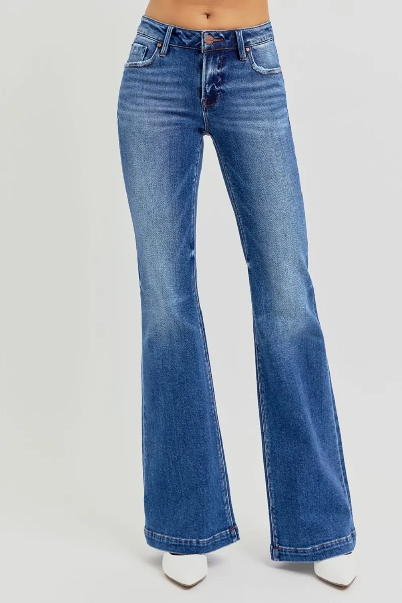 Full Size Low Rise Flare Jeans With Pockets - Dark