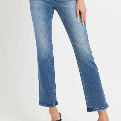 Full Size Mid Rise Ankle Straight Jeans With Pockets - Dark