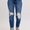 Full Size Mid Rise Boyfriend Destroy Jeans With Yoke Pockets And Faux Selvedge Cuff Plus Size