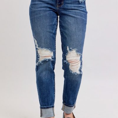Full Size Mid Rise Boyfriend Destroy Jeans With Yoke Pockets And Faux Selvedge Cuff Plus Size