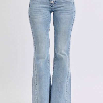 Full Size Mid Rise Rhinestone Side Panel Detail Flare Jeans Plus Size