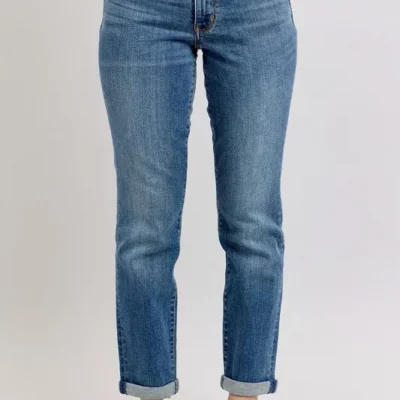 Full Size Mid Rise Skinny Cuff Jeans With Pockets Plus Size - Dark